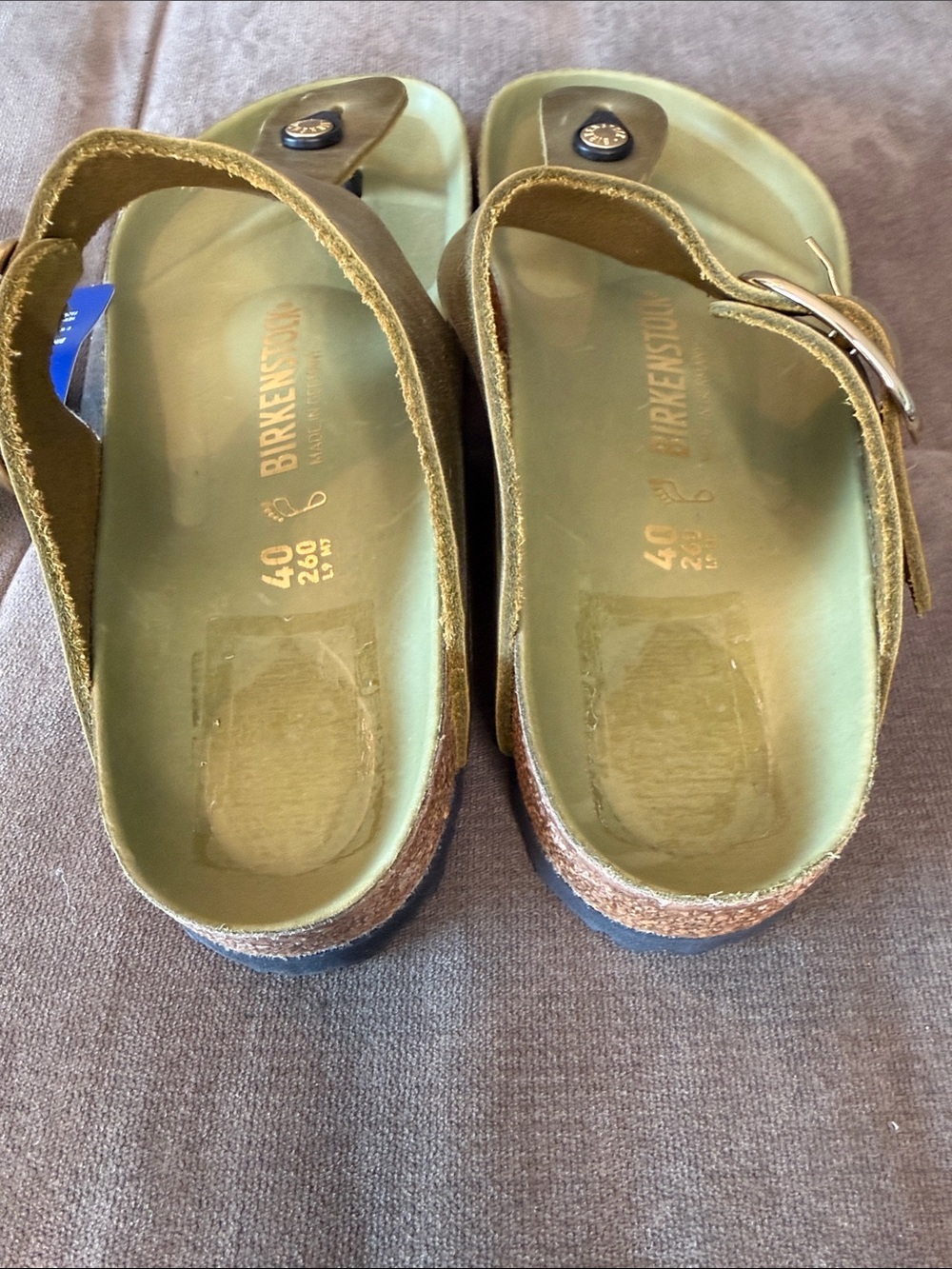 Birkenstock Gold Big Buckle Gizeh Olive Green Thong Sandals - Picture 5 of 8